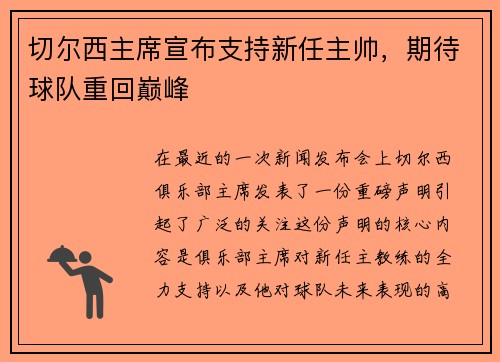 切尔西主席宣布支持新任主帅，期待球队重回巅峰